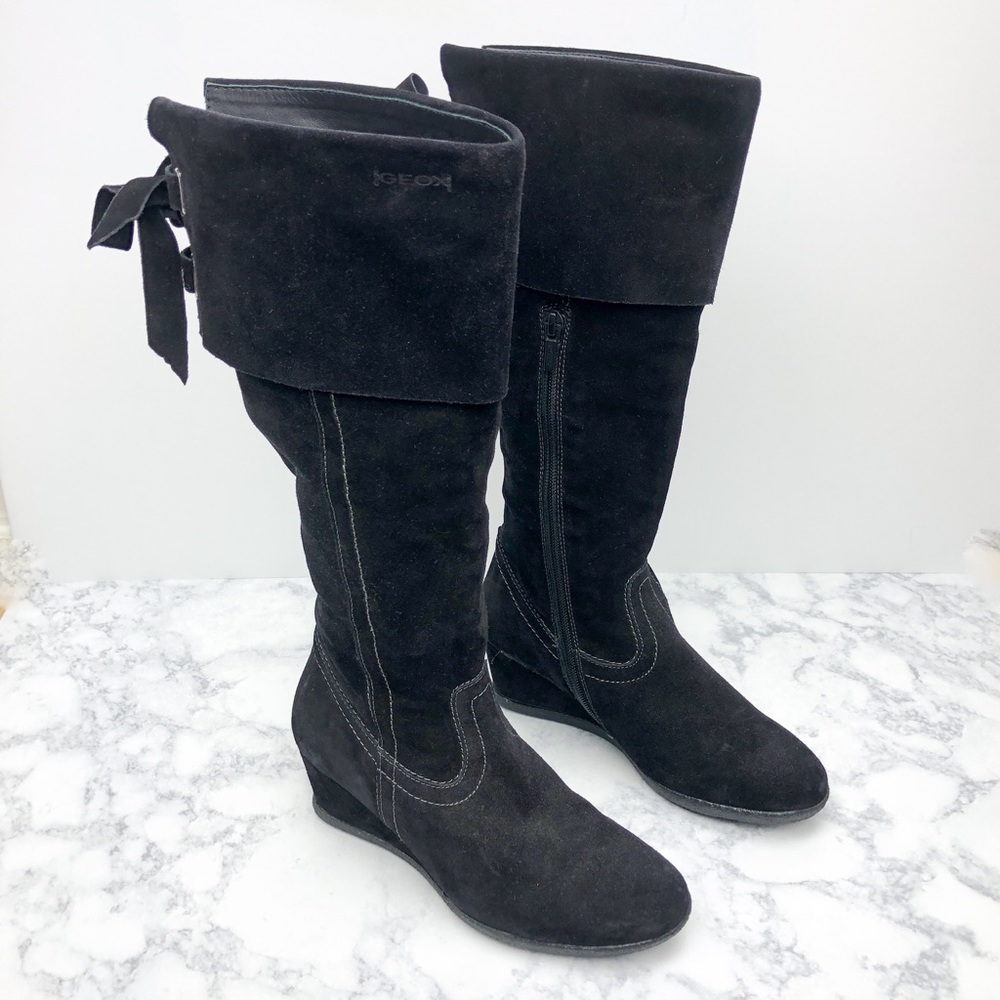 Geox Italian Black Suede Zip Tall Wedge Boots